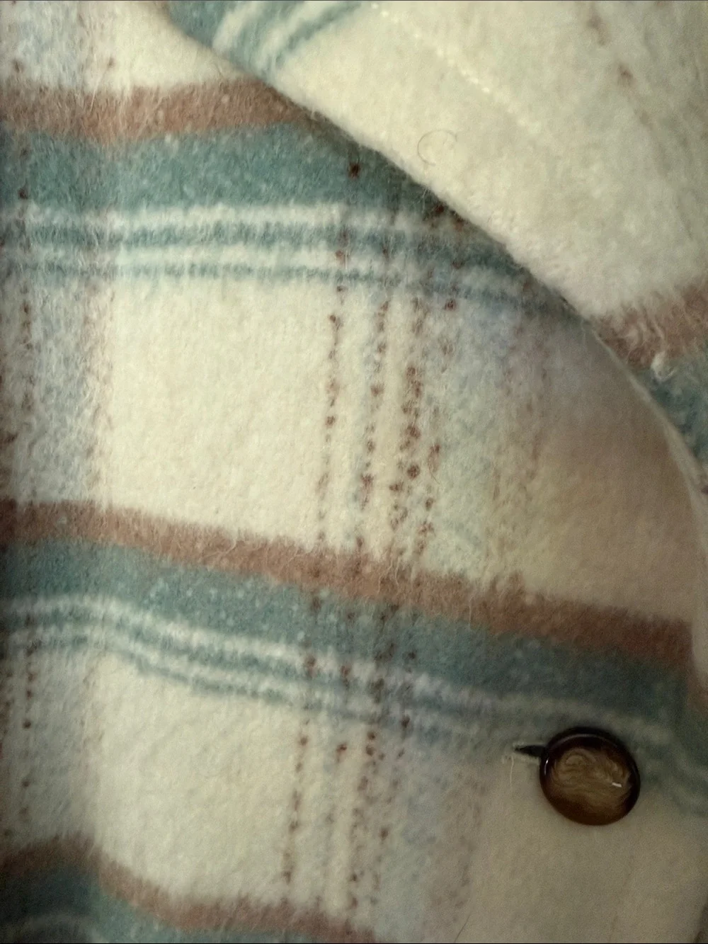 Anthropologie Cream Plaid Pea Coat with Blue-Green and Brown Stripes